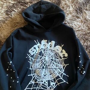 Black Zip-Up Sweater with Spiderweb Graphic
